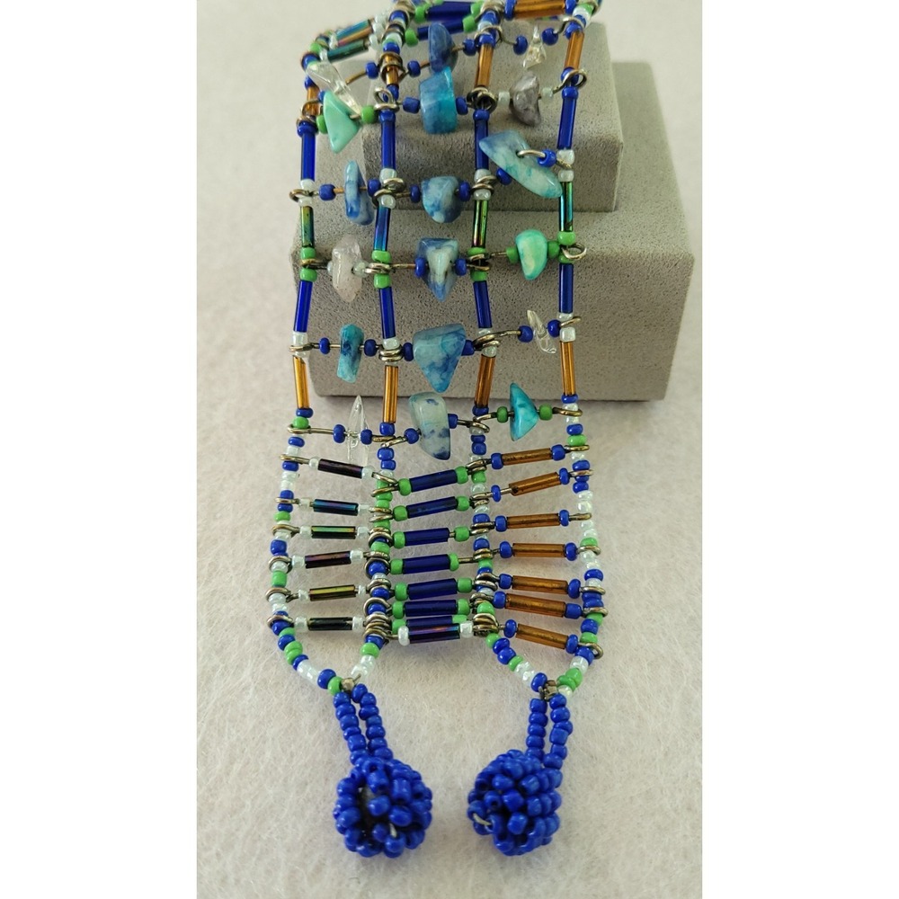 Handmade Sodalite Clear Quartz Gemstone Beaded Ladder Bracelet 6.25" Wide 1.69"
